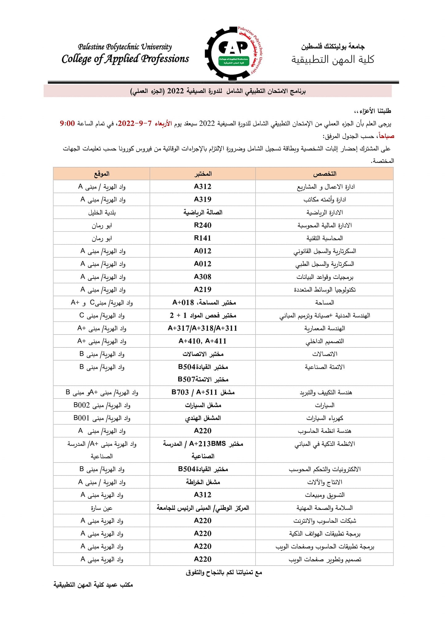 برنامج الامتحان التطبيقي الشامل للدورة الصيفية 2022